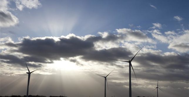 Newly constructed wind turbines stand at the Butterwick Moor Wind Farm. The site, which consists of 10 turbines with a total power of up to 30MW, is being developed by E.ON.