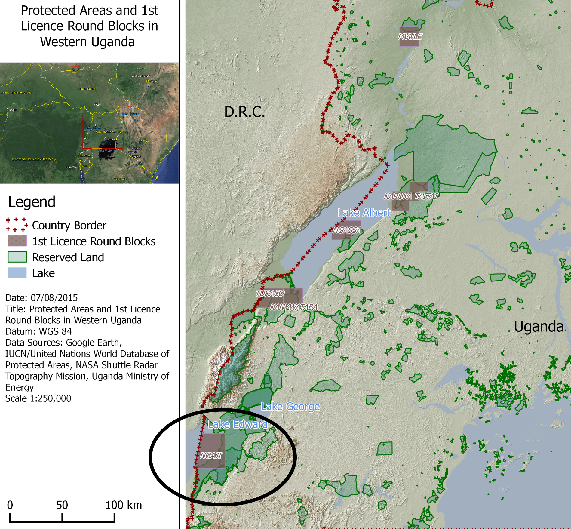 Map showing the oil blocks for which companies will bid. The Ngaji block, far bottom left, includes parts of Lake Edward which runs into DRC’s Virunga National Park. (Credit: Global Witness)