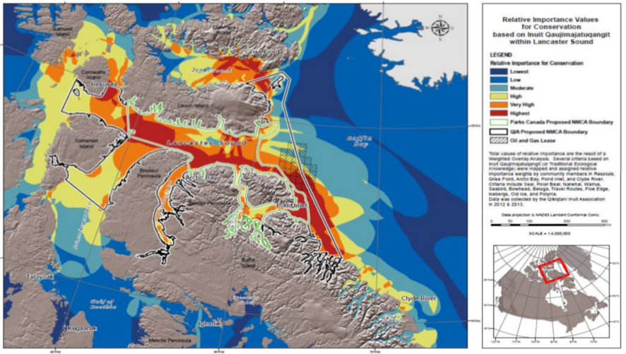 Source: D’Orazio, R. & Arreak, S. (2014). “Integrating Inuit Qaujimajatuqangit (IQ) in Decision Making: IQ Mapping for the Lancaster Sound NMCA” 